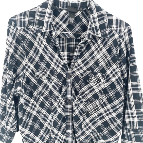 TORRID Plaid Challis Button Down Pocket Gem Studded Cinched Western Flannel Top - Picture 2 of 4